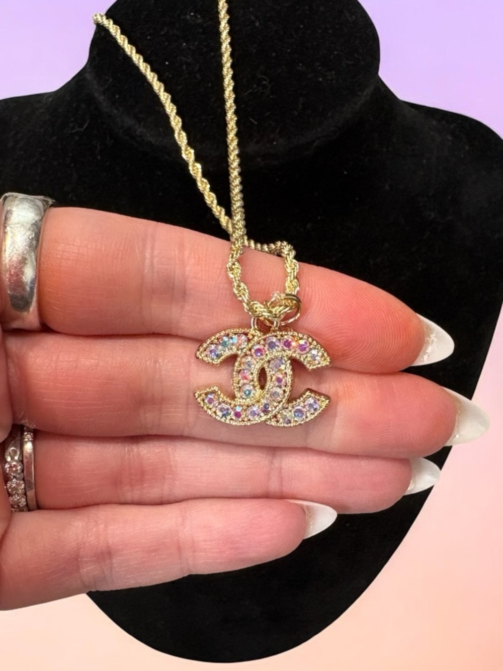 CC Upcycled Stamped Pendant Necklace with Multicolor Crystals